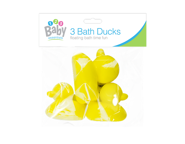Denne pakke Bath Time Ducks indeholder tre plastænder i tre størrelser, der er fremstillet af sikre og ikke-giftige materialer. Hver and har en lys gul farve og vil hjælpe med at gøre badetiden mere behagelig for babyer og små børn.