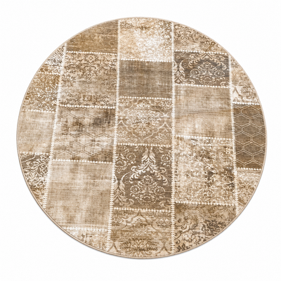 Vintage Patchwork Ø180cm – Rundt Klassisk Tæppe i Beige & Taupe