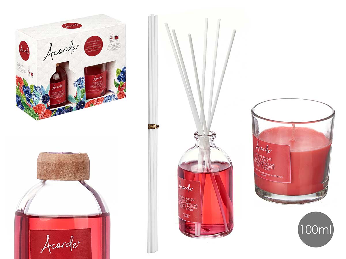 Acorde gavesæt mikado 100ml stearinlys 30h røde frugter