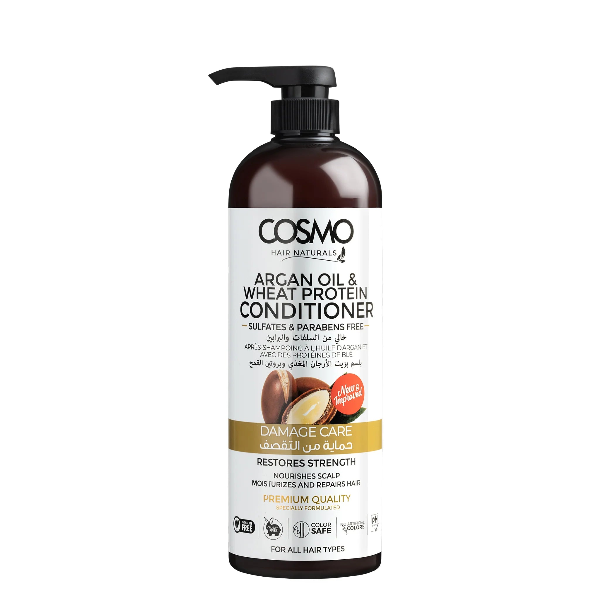 Cosmo 1000ml Pumpe Balsam Argan Olie & Wheat Protein – Sulfat- og parabenfri, farvebevarende, pH-balanceret.
