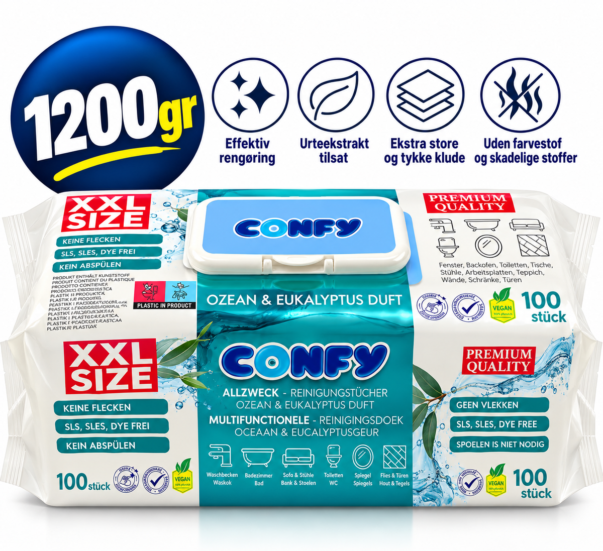 Confy XXL 100 Rengøringsklude – Ocean & Eucalyptus – 100 stk. / 1200 g