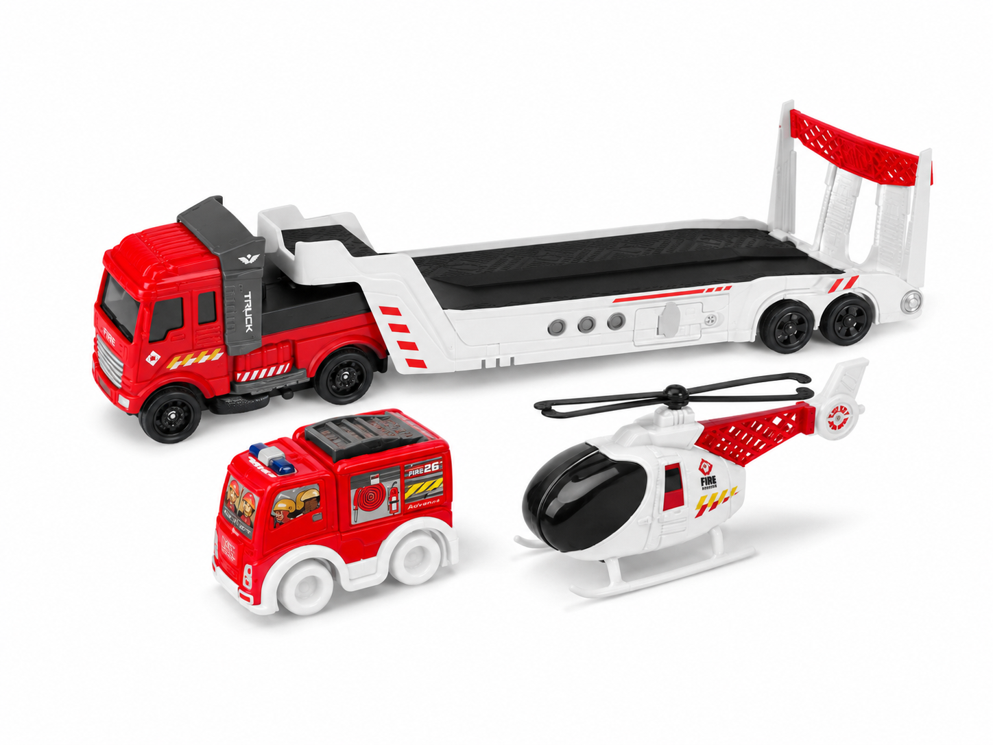 Brandbil med Transporter, Helikopter & Redningsbil – 3 Lydeffekter – ca. 32 cm