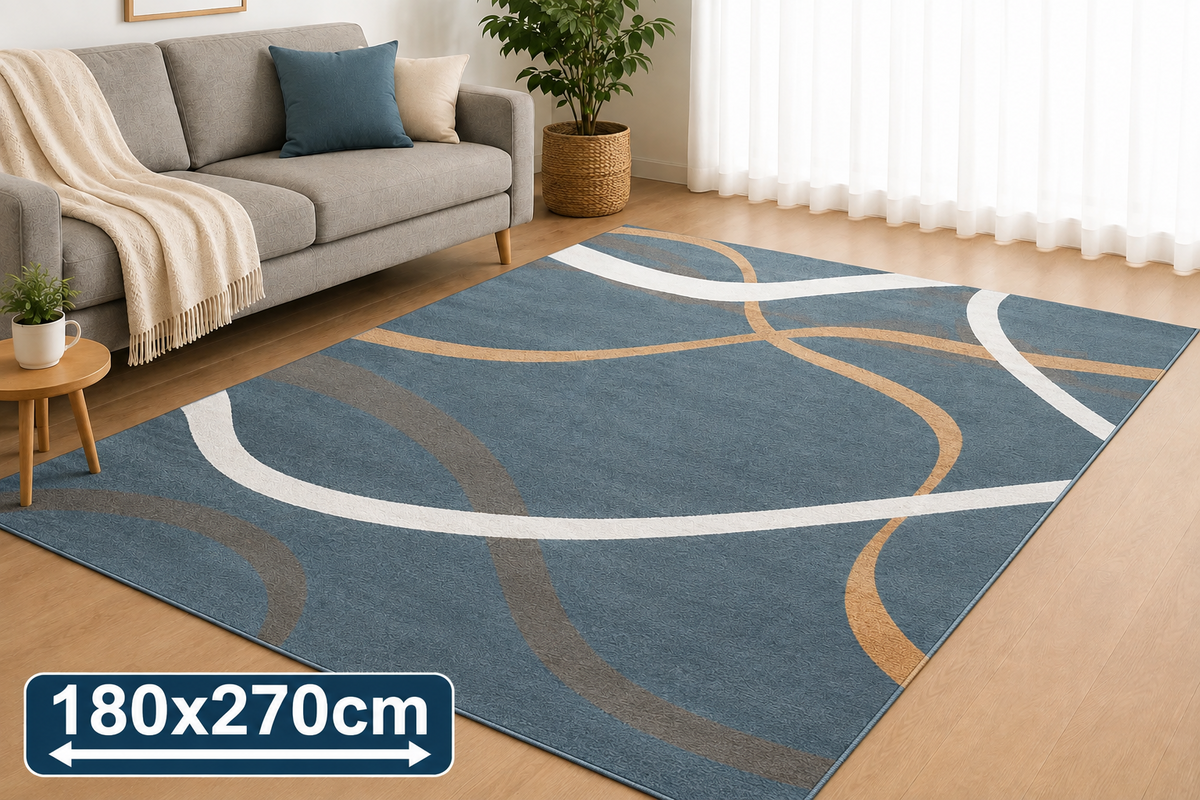 Wave Flow Tæppe - 180×270 cm Dust Blue med Beige, Hvide & Grå Detaljer