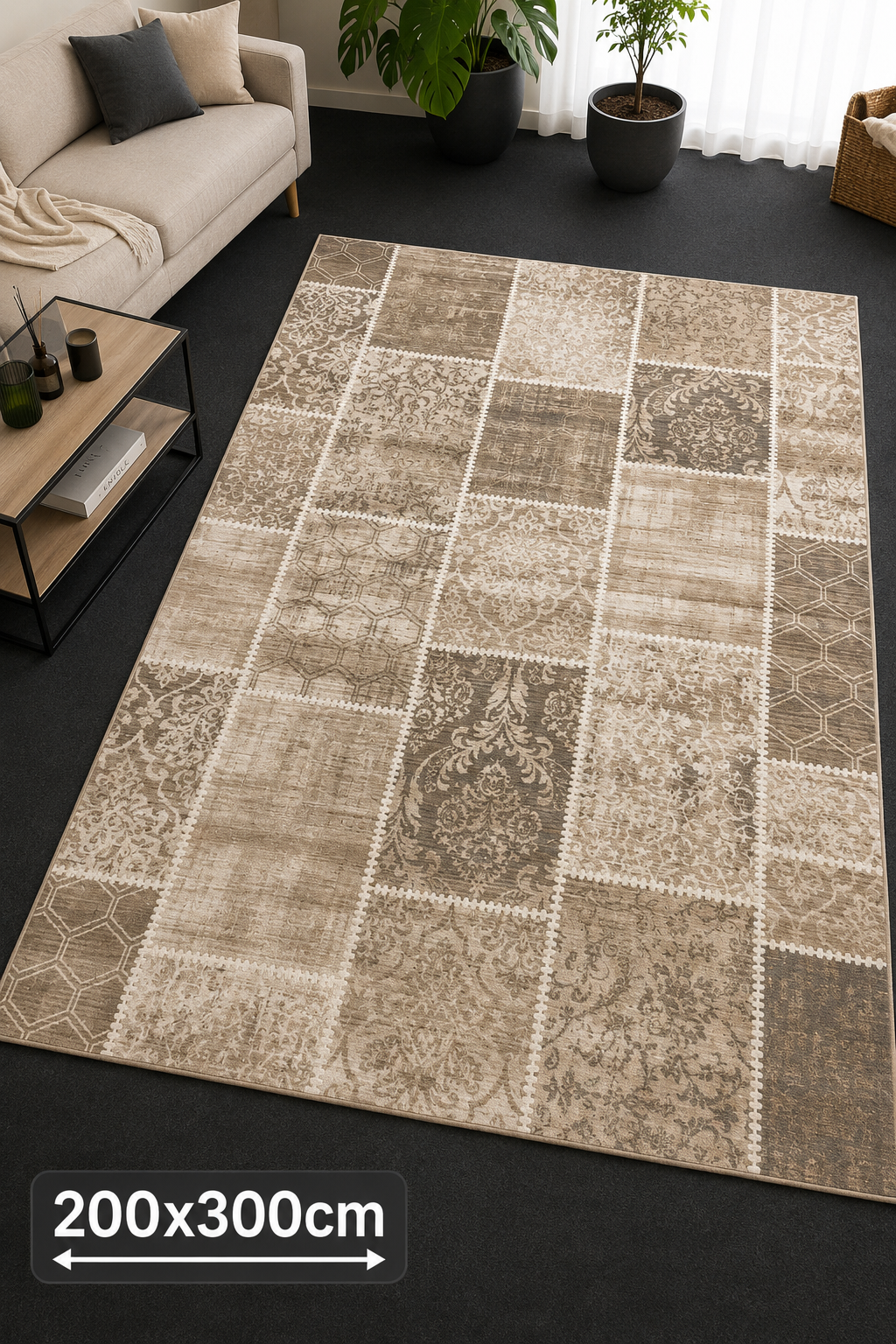 Vintage Patchwork Olive Gold Tæppe 200x300 cm med Skridsikker Bund