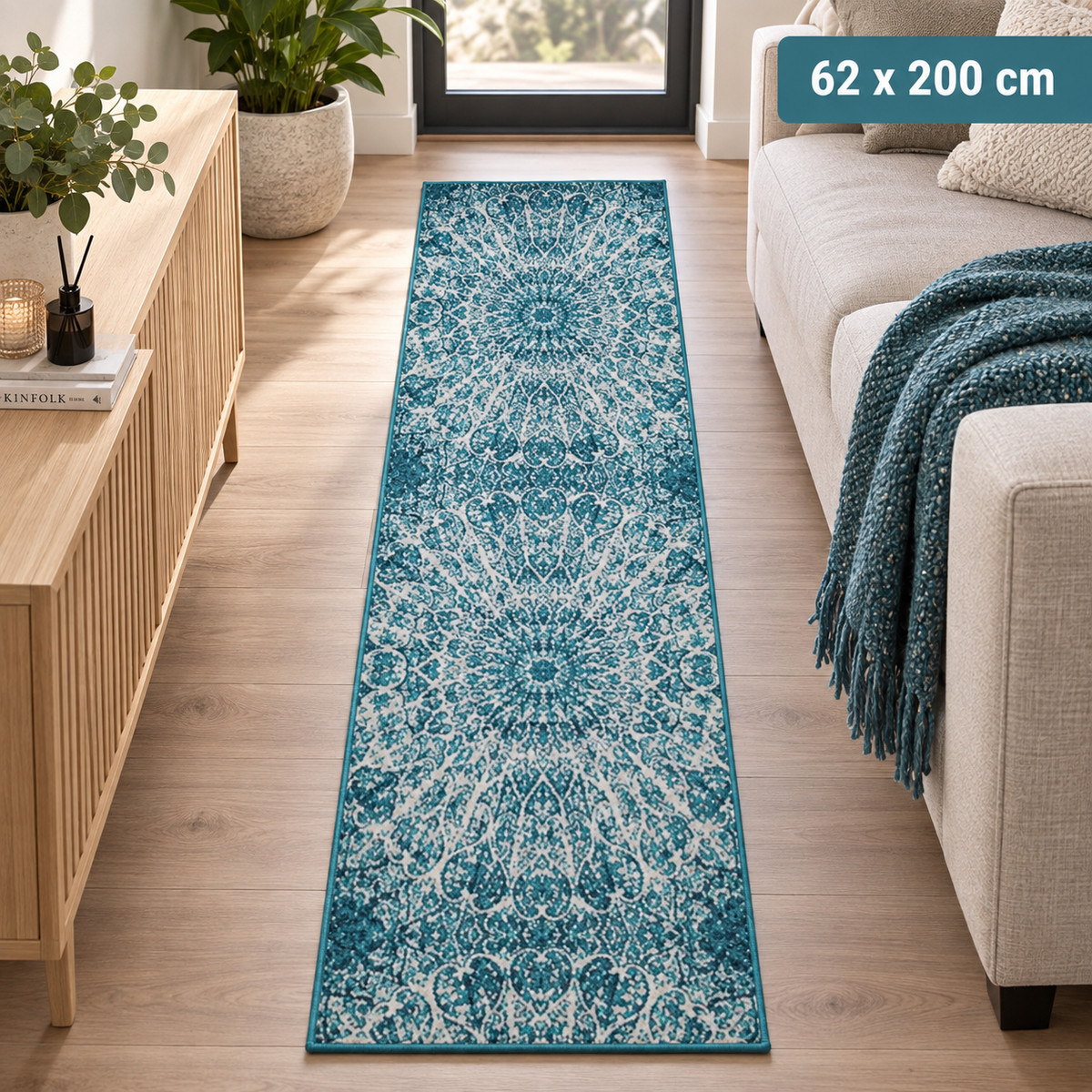 Monte Carlo Løbertæppe – 62x200 cm Turkis, Blå & Ivory