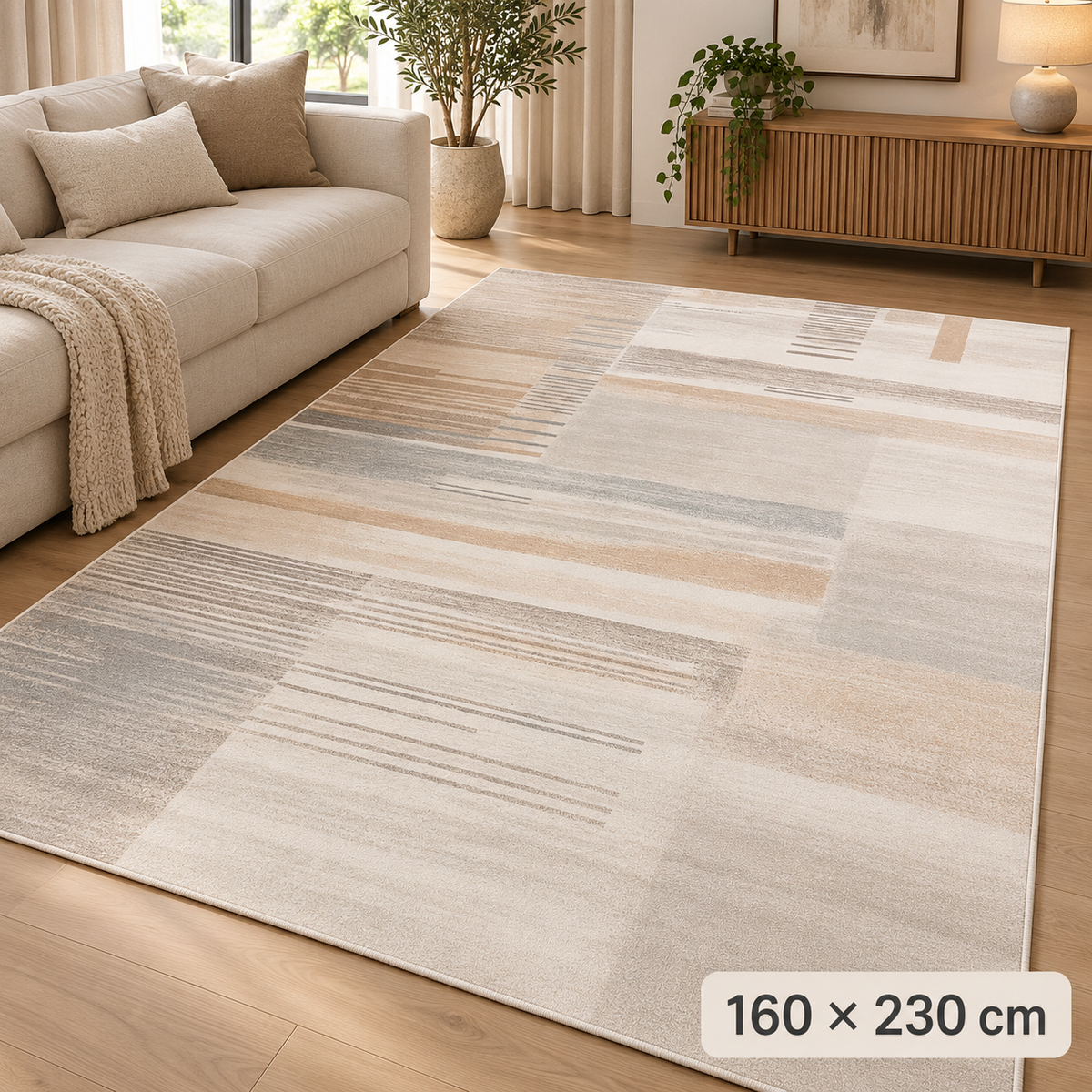 Linear Flow Tæppe - 160×230 cm Creme, Beige & Lysegrå