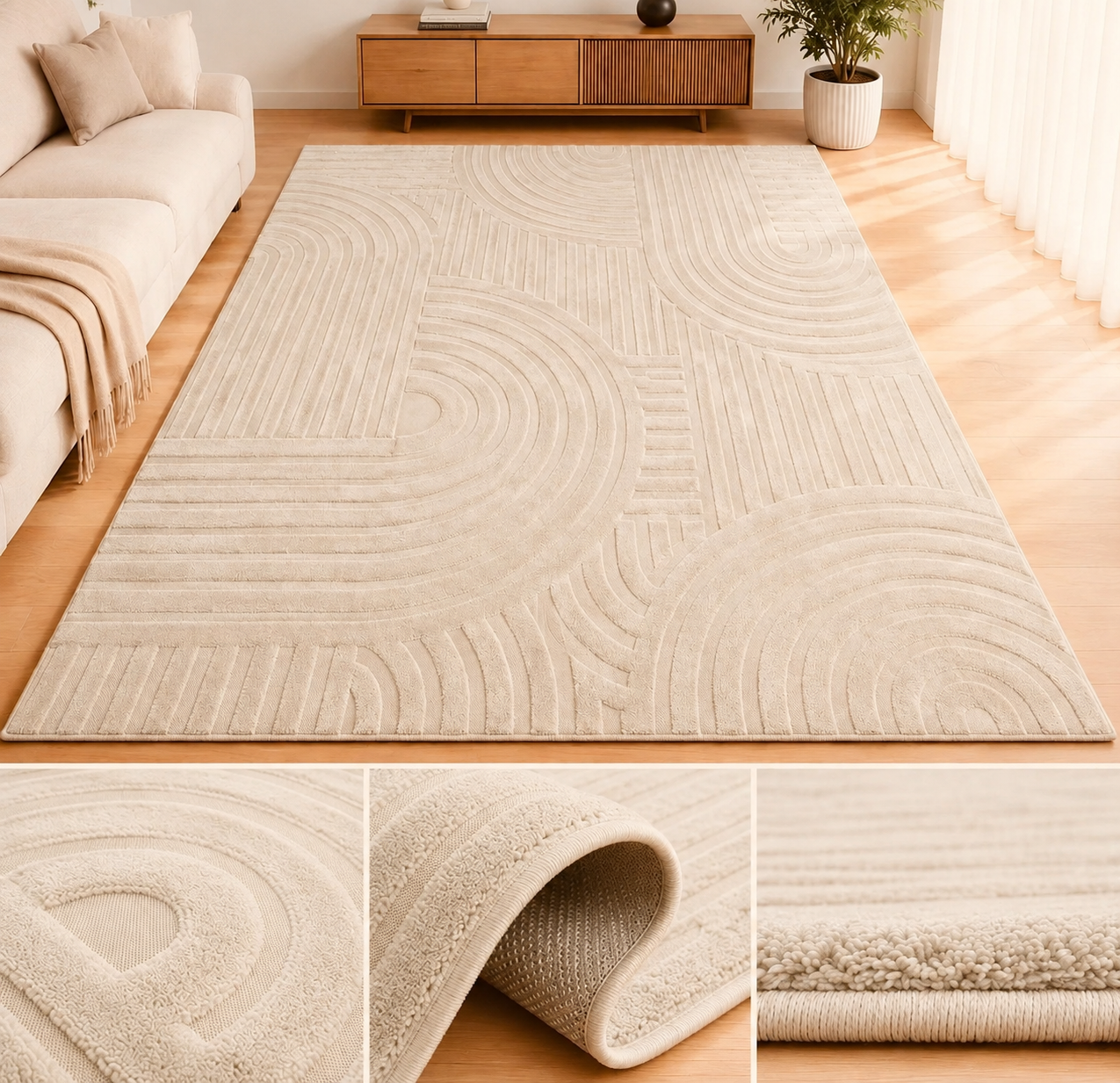 Moderne Relief Tæppe 200x300 cm – Beige/Sand
