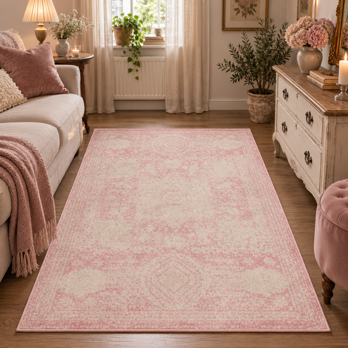 Dover Tæppe - 160x245 cm Rosa & Creme Vintage Design