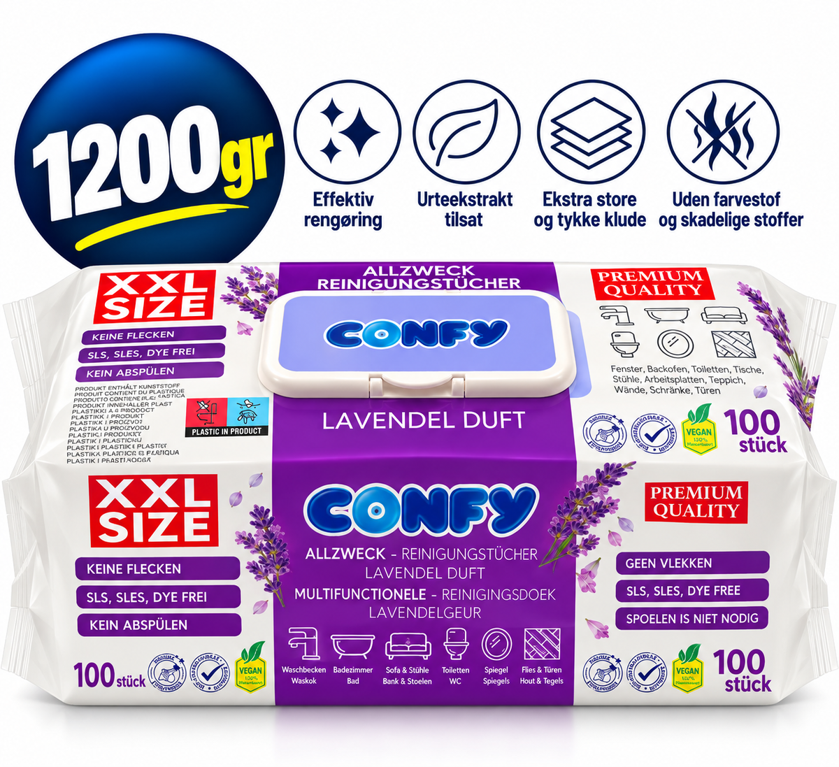 Confy XXL 100 Rengøringsklude – Lavendel – 100 stk. / 1200 g