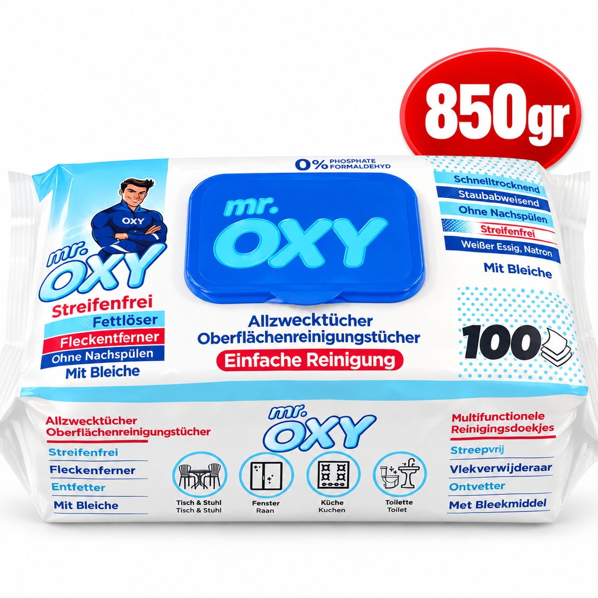 Mr. OXY XXL Rengøringsservietter – 100 stk. – 850 g – Original med Blegemiddel