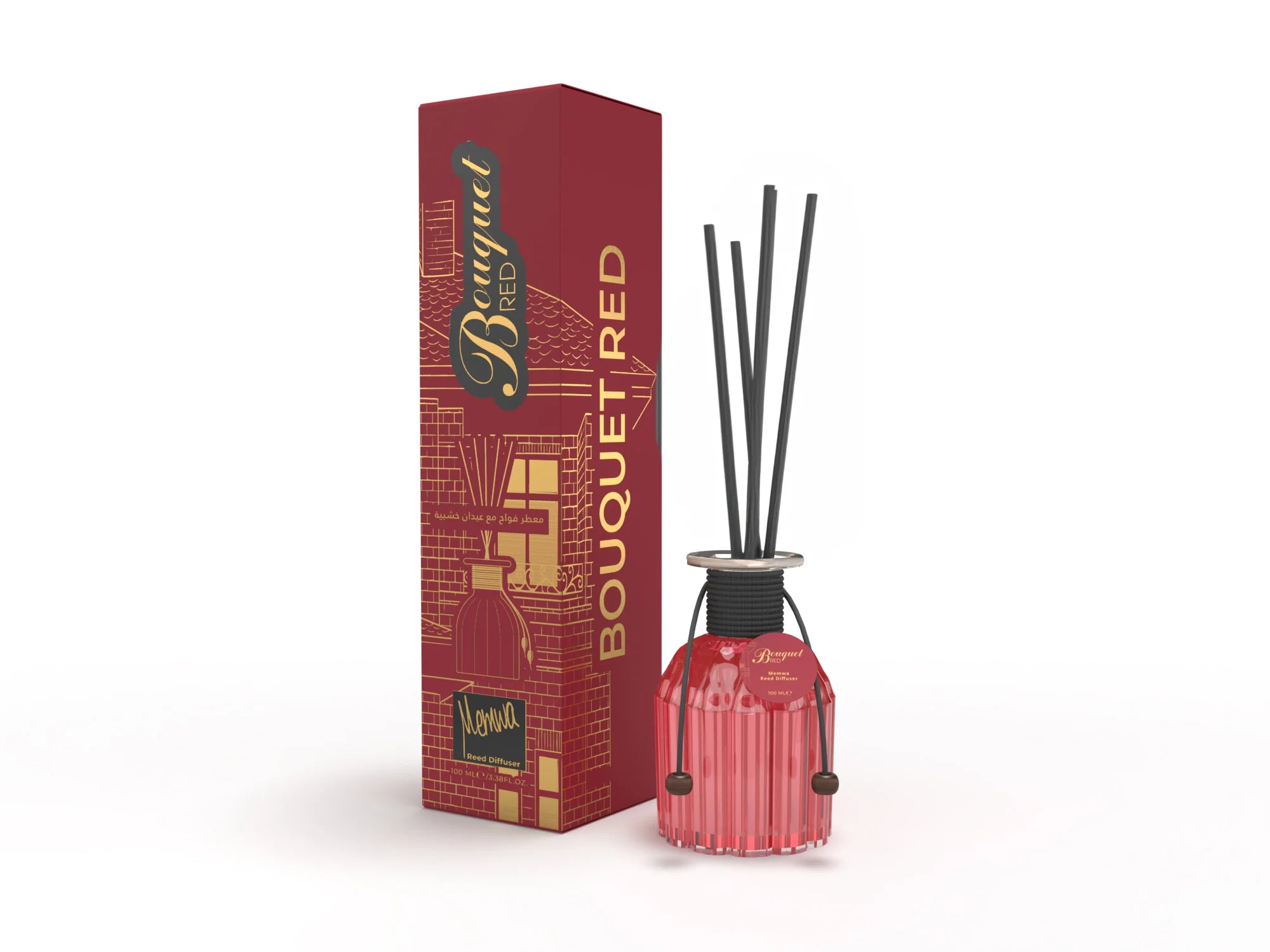 Aromadiffuser 100ml (Bouquet Red) med pinde i stilfuldt glas