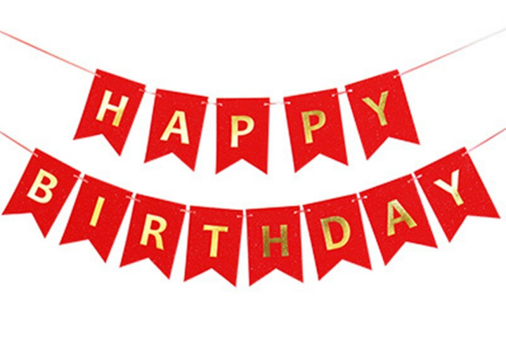Happy Birthday banner med silkebånd - Rød med guld skrift