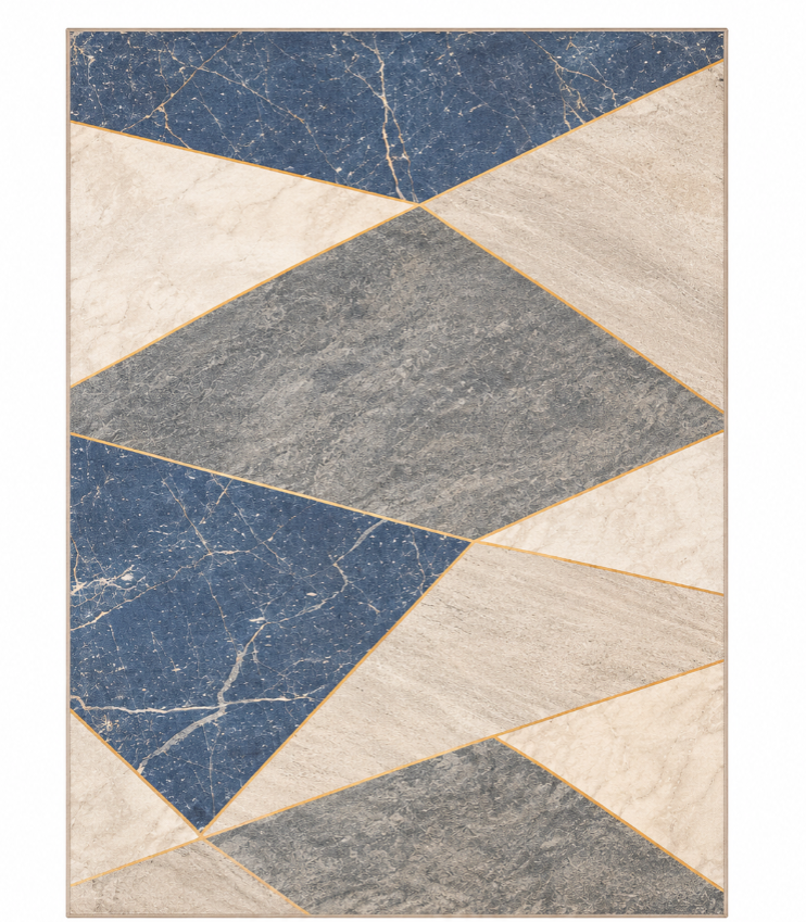 Geo Marble Tæppe - 160×230 cm Mørkeblå, Grå & Beige med Gyldne Detaljer