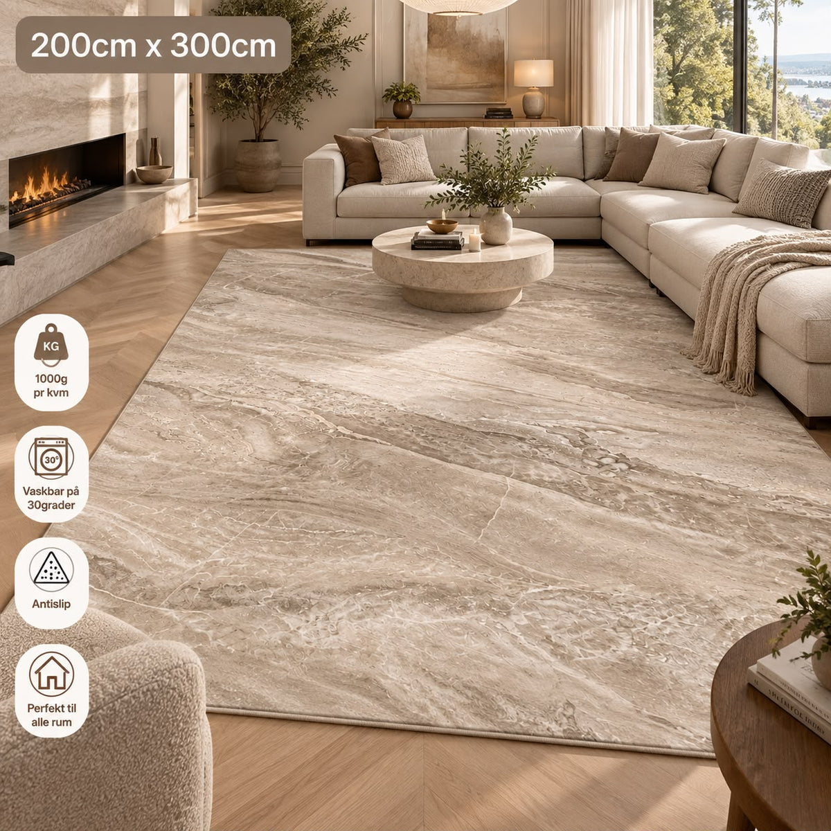 Marble Flow Tæppe - 200x300 cm Beige & Grå, Greige med Marmormønster