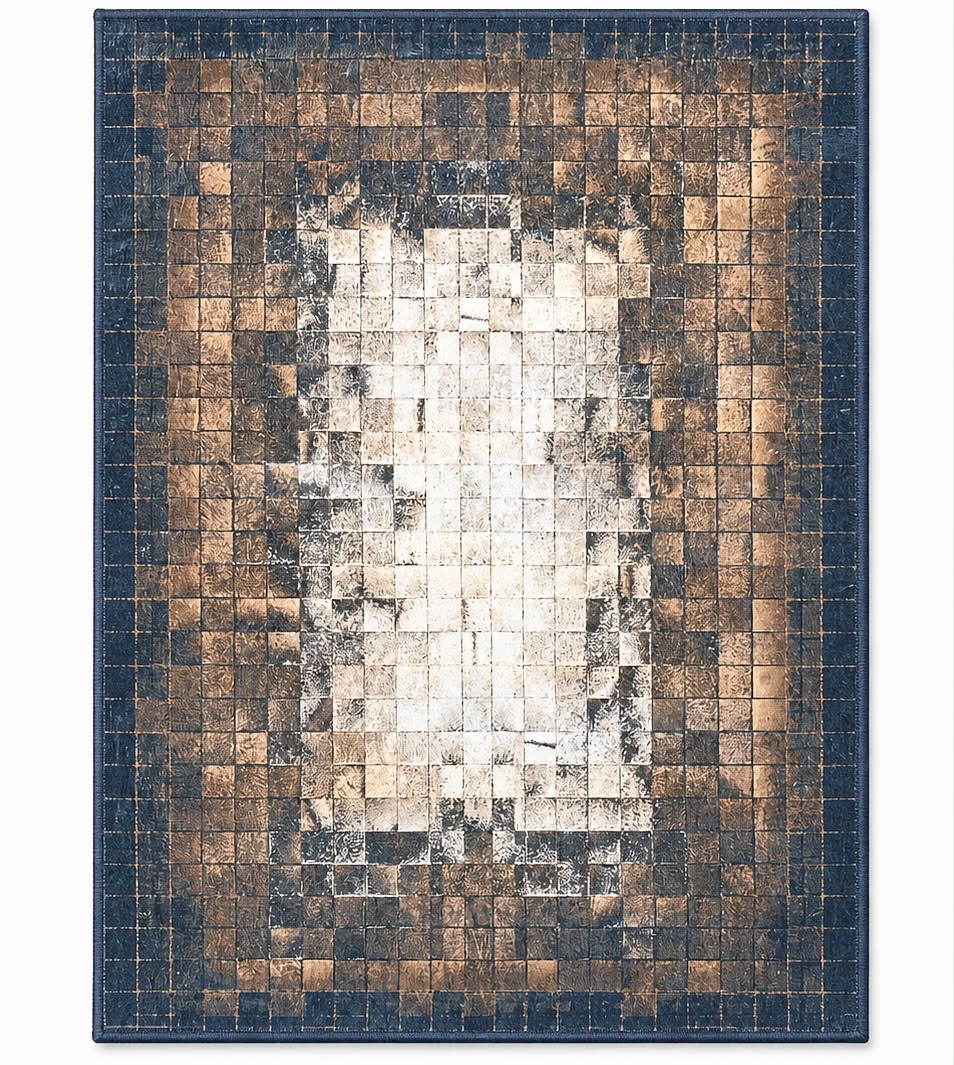 Mosaic Tæppe – 200x300 cm – Mørkeblå, Kobberbrun & Cremehvid