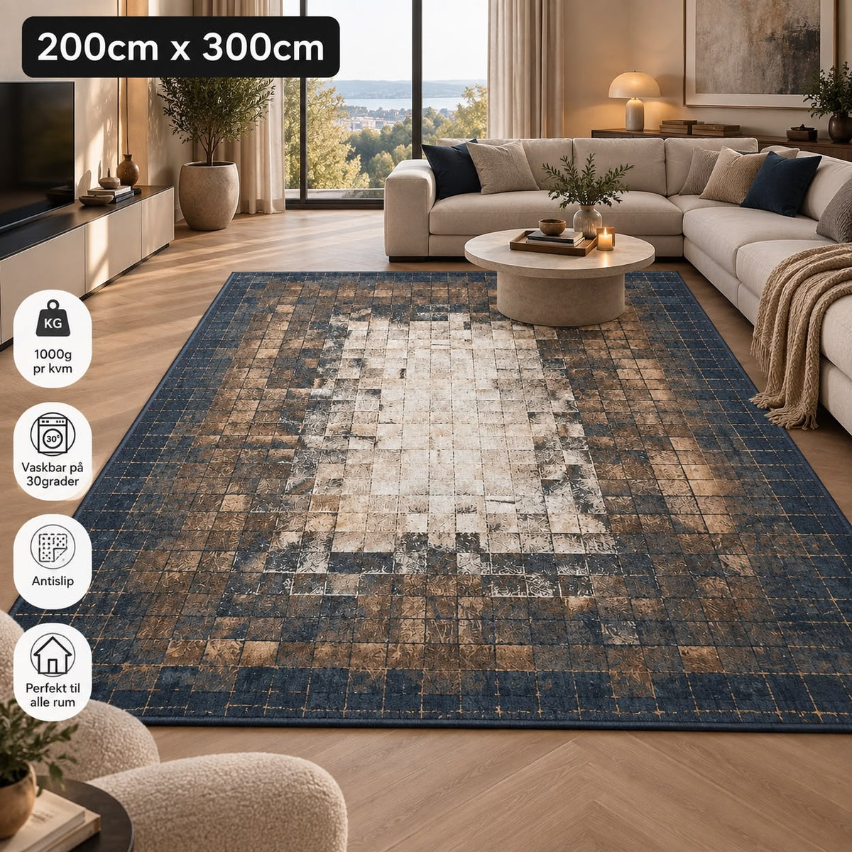 Mosaic Tæppe – 200x300 cm – Mørkeblå, Kobberbrun & Cremehvid