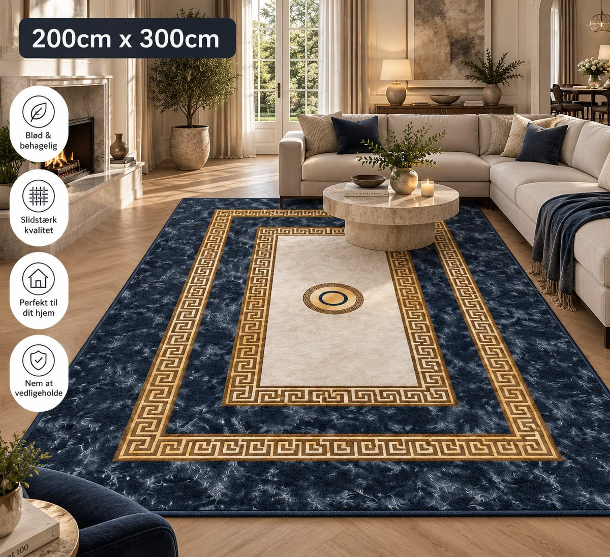 Royal Greek Tæppe – 200x300 cm – Marineblå & Guld