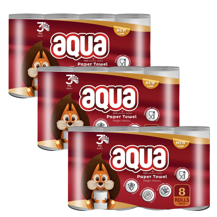 Aqua 3pak á 8 Køkkenruller 3 lags, miljøvenlige
