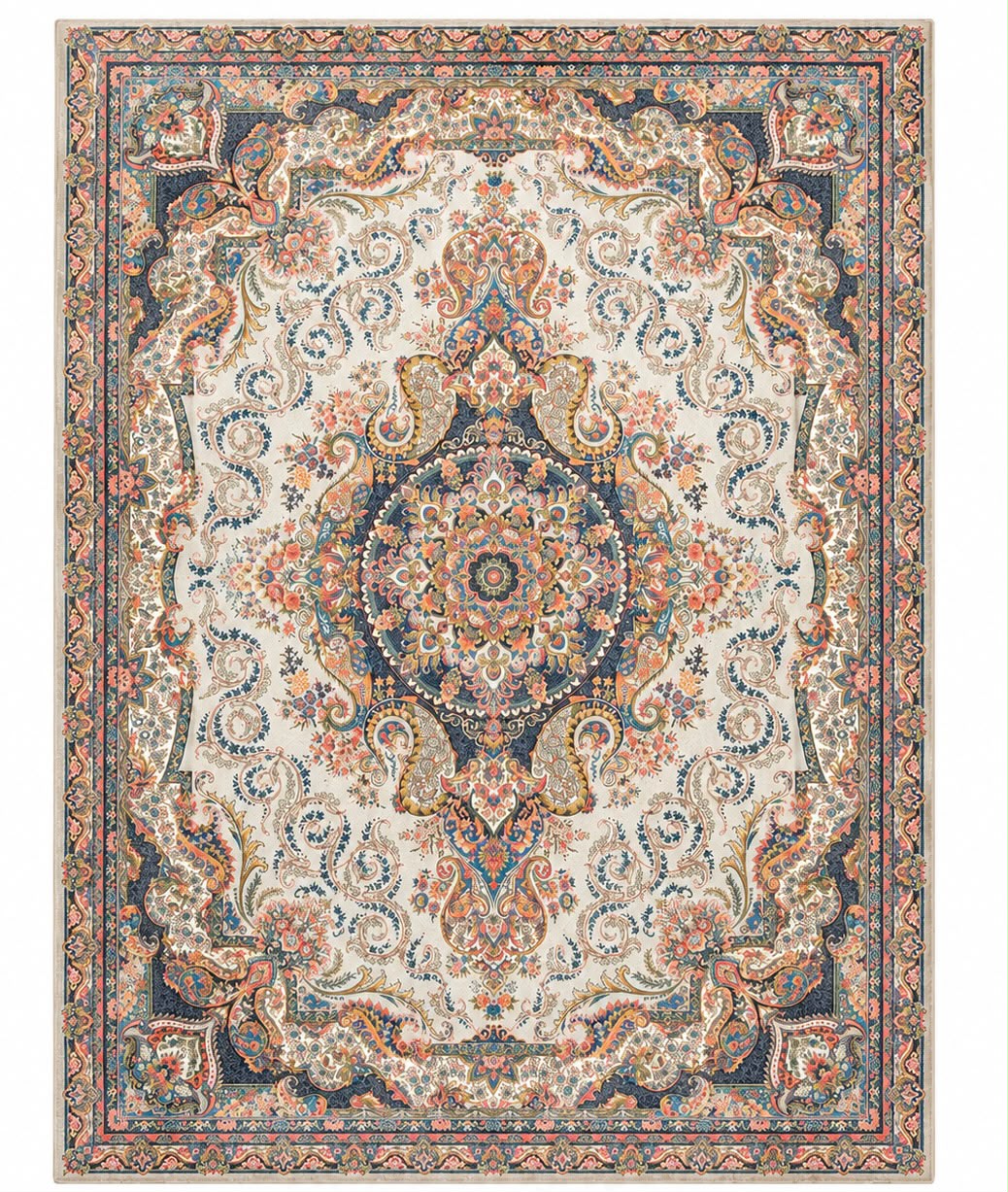 Persian Elegance Tæppe - 200x300 cm Creme & Mørkeblå med Farverige Detaljer