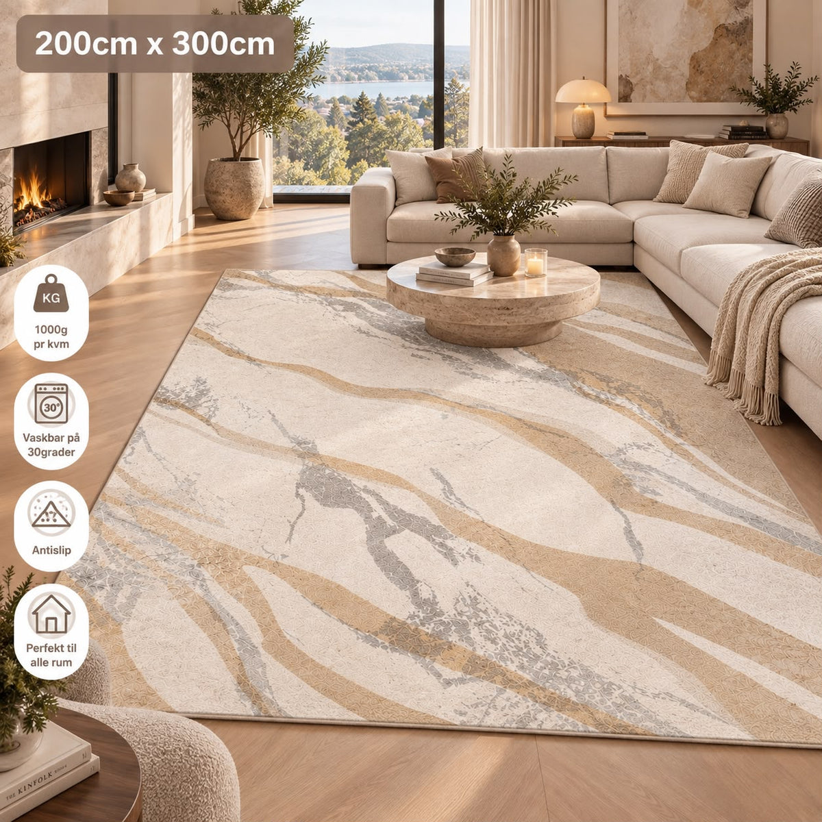 Marble Flow Tæppe - 200x300 cm Lys & Teddy Beige med Grå Marmordetaljer