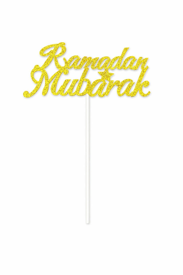 Ramadan Mubarak skilt på pinde 15x20cm guld farve