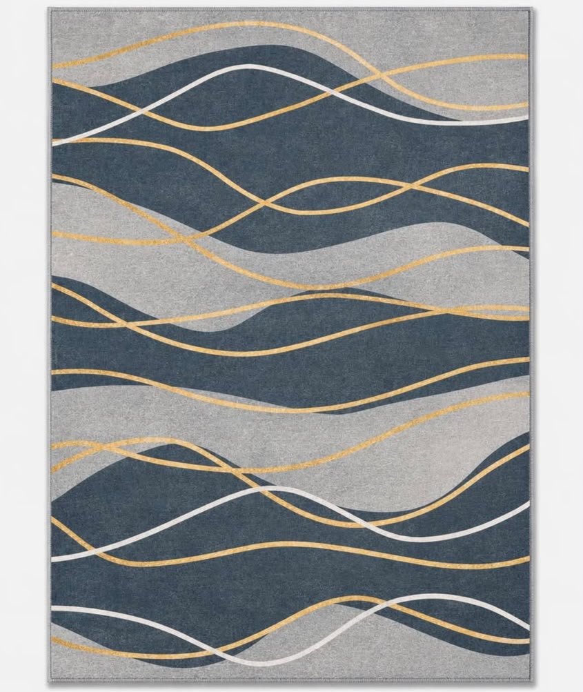 Wave Flow Tæppe - 200x300 cm Mørkeblå & Grå med Gyldne Detaljer