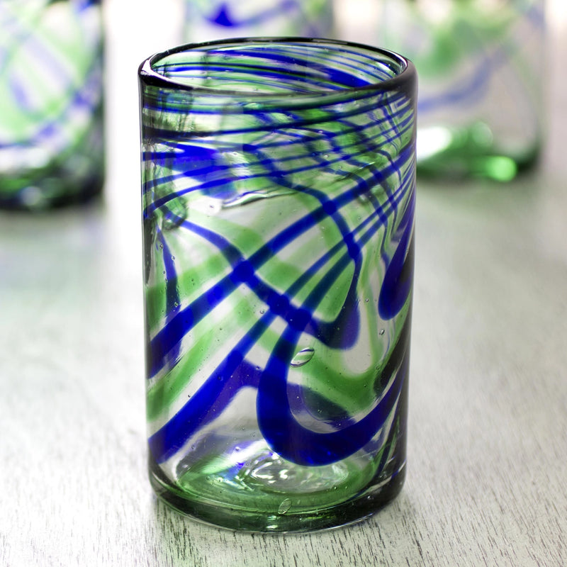 Drinking glass Large (Mexican Mouth Blown) - Blue &amp; green waves 