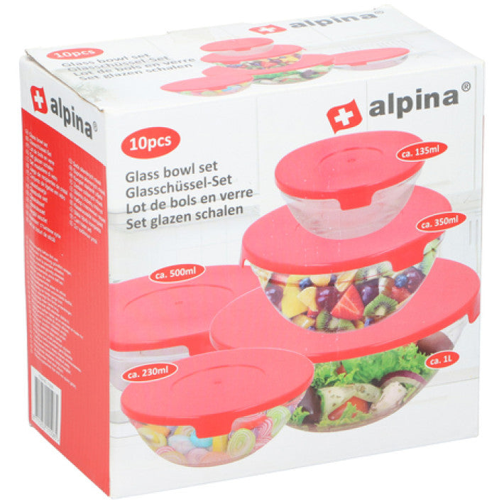 Alpina - Food bowls with red lids set of 5 glass bowls