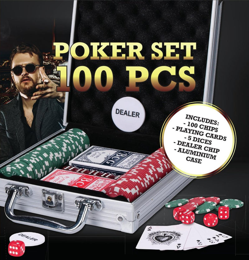 Poker set in aluminum box - 100 chips/ playing cards/ 5 dice/ dealer chip