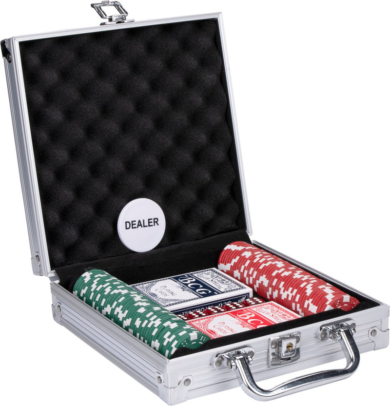 Poker set in aluminum box - 100 chips/ playing cards/ 5 dice/ dealer chip