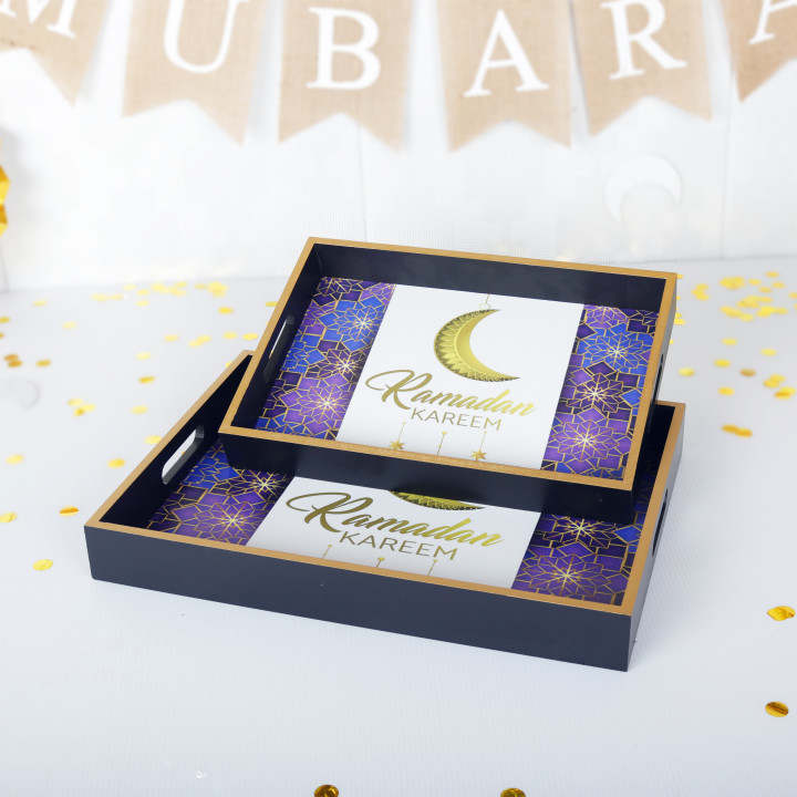 Serving Tray Set of 2 - Wood With Gold Edge - Ramadan Theme