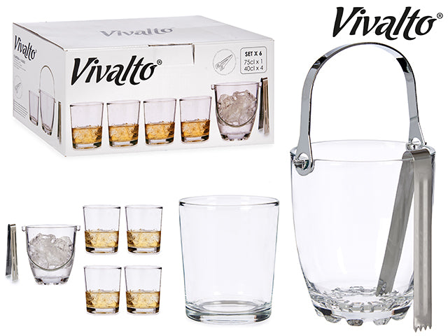 Vivalto - Drikkesæt GLAS med isterningbeholder & tang (glas 40cl - Isterning beholder 75cl) 