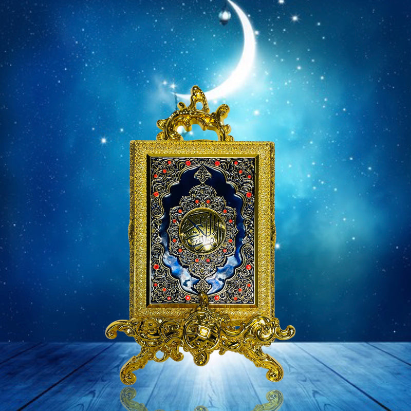 Quran box in metal with stand (medium size) Gold &amp; blue