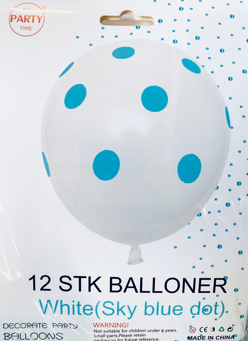 Its Party Time - Prikke balloner 12stk hvid med blå 30cm - Dollarstore.dk