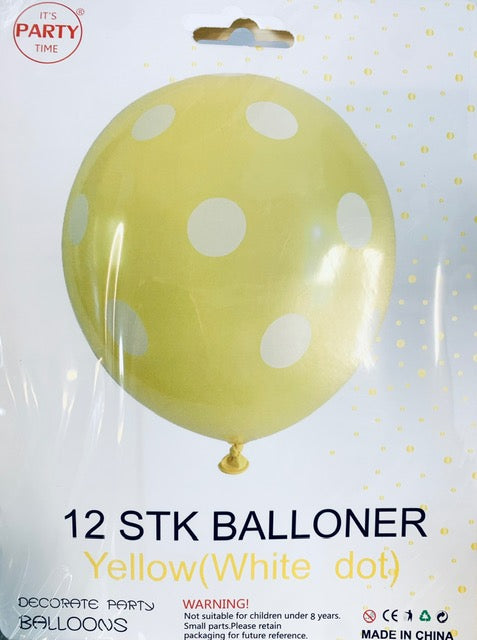 Its Party Time - Prikke balloner 12stk Gul med hvid 30cm - Dollarstore.dk