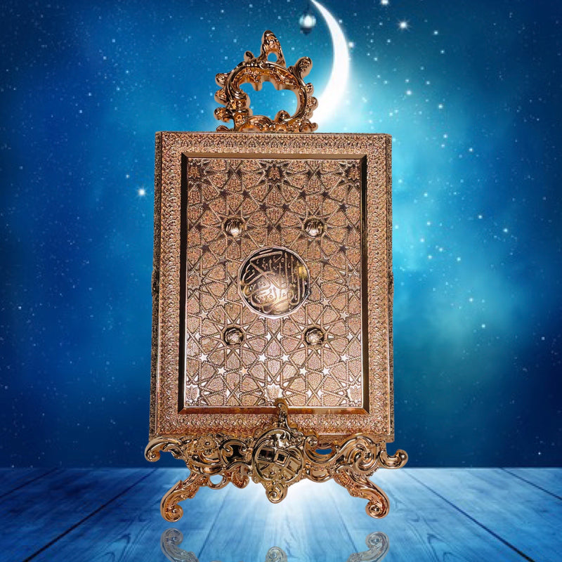 Quran box in metal with stand (Large) Rose gold with details