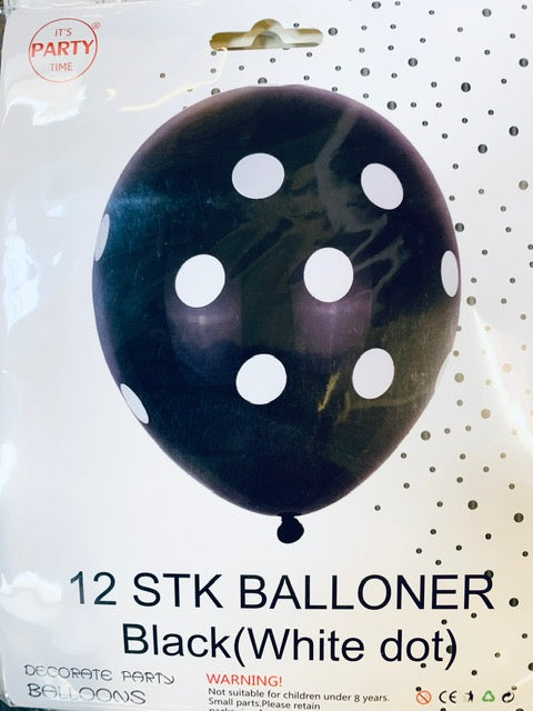 Its Party Time - Prikke balloner 12stk Sort med hvid 30cm - Dollarstore.dk