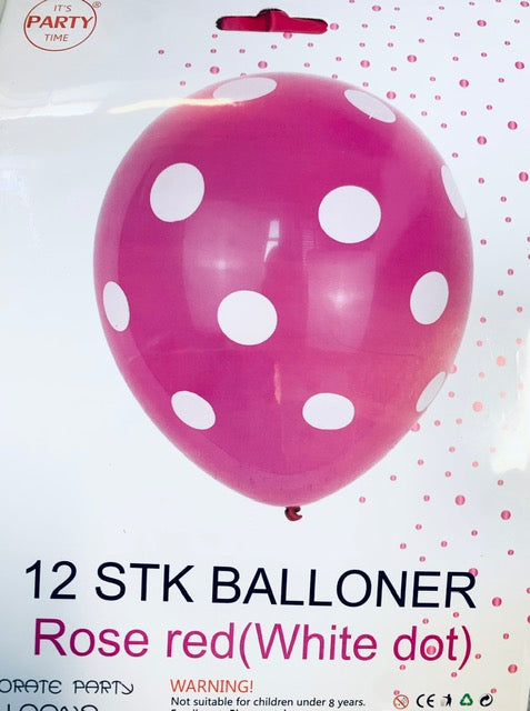Its Party Time - Prikke balloner 12stk Rosenrød med hvid 30cm - Dollarstore.dk