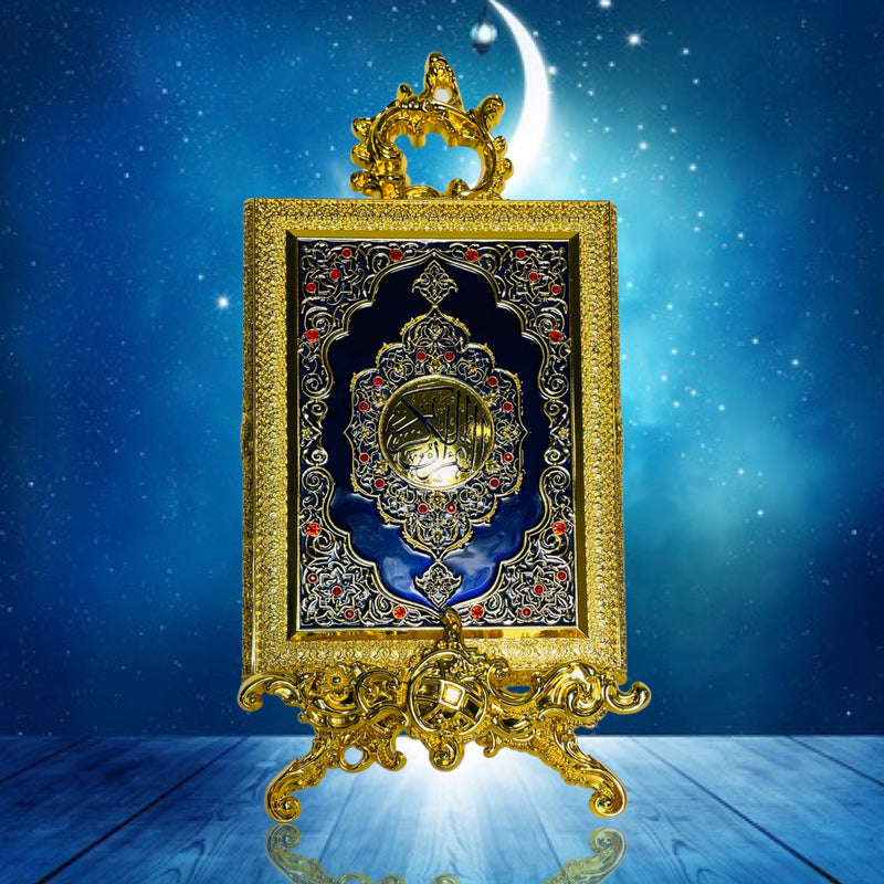 Quran box in metal with stand (Large) Gold &amp; blue