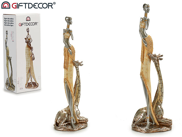 Giftdecor - Stor Afrikans kultur dekoration af girrafe, og smuk kvinde lavet af harpiks 14,5x44cm  