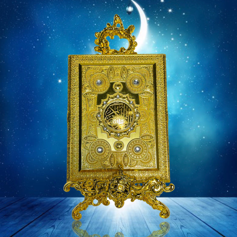 Quran box in metal with stand (Large) Gold with white pearls