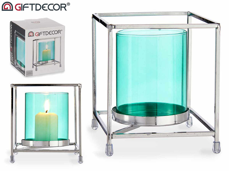 Giftdecor - 3D Lysholder premium design metal & glas 11,5x12cm (Blå og Sølv farve)
