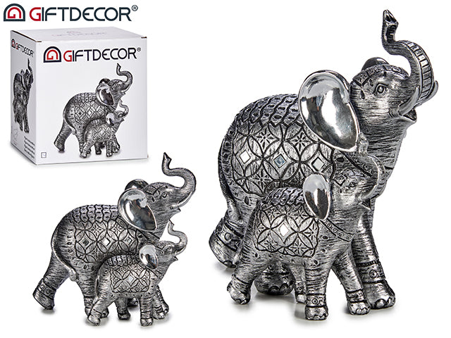 Giftdecor - Elefant familie lavet af harpiks sort/sølv farve. 20,5x21cm