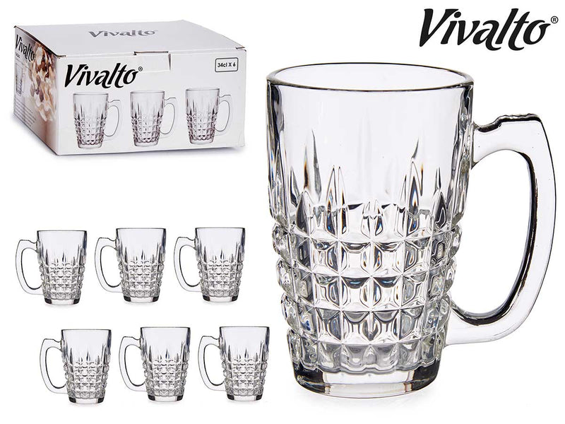 Vivalto - 6stk Glas-sæt med håndtag & motiver på nederste halvdel 34cl 
