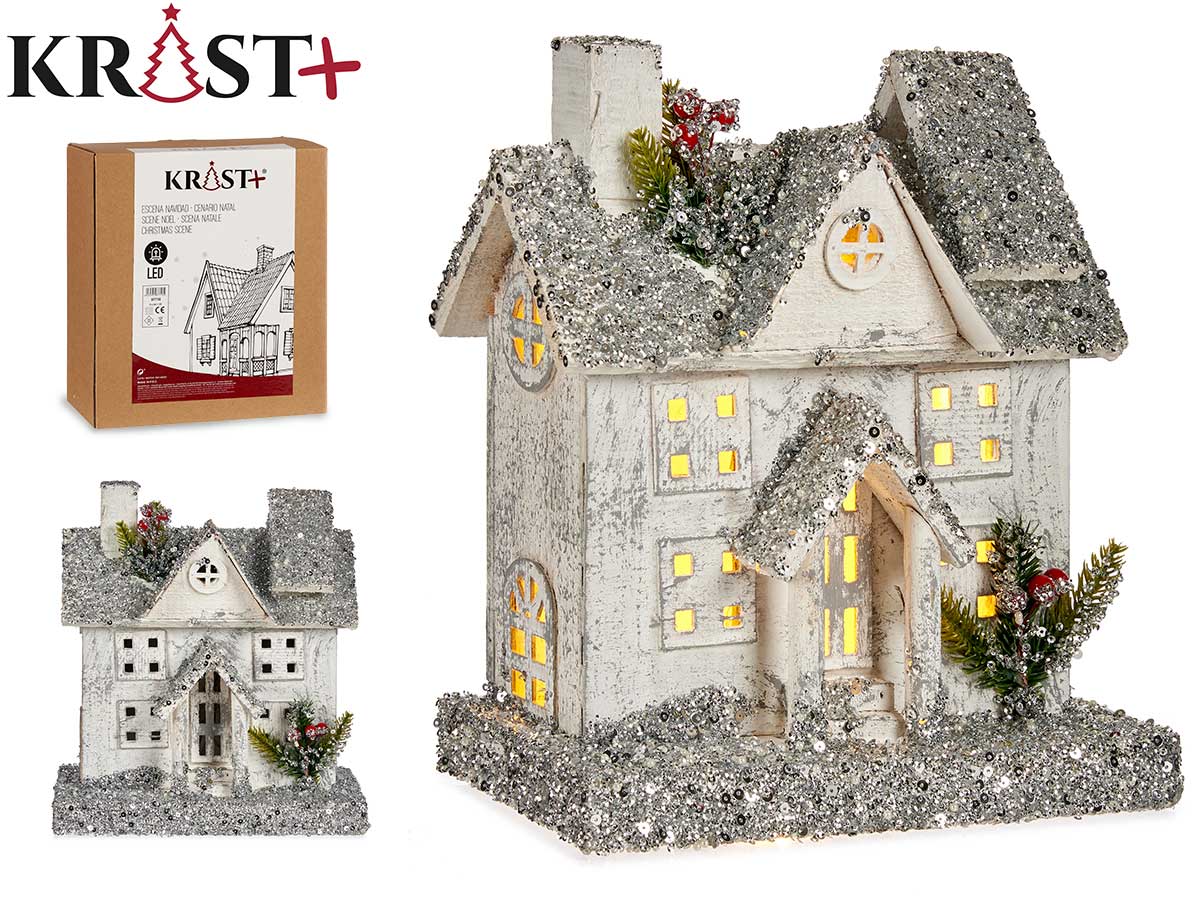 Christ Christmas Scene - Classic Church House w. Silver Glimmer &amp; Light 31cm