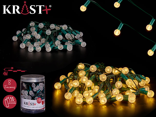 40 LED Light Chain Warm Yellow - 8 Functions Battery powered 3xAA