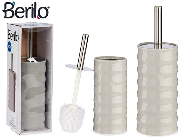 Berilo - Inox toiletbørste holder i lys grå med bølger porcelæn & rustristål håndtag 10x32cm