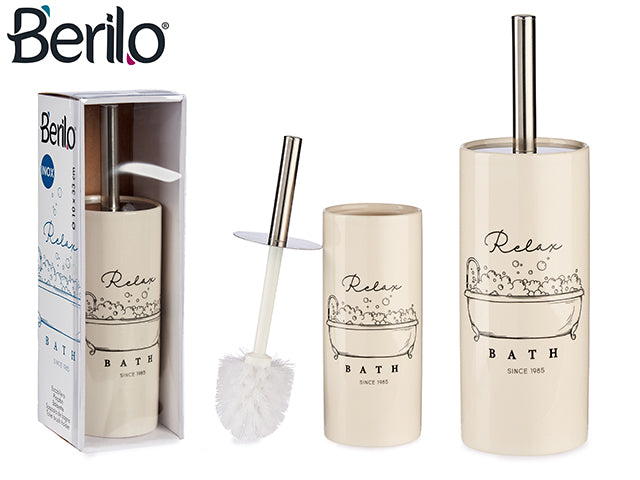 Berilo - Inox toiletbørste holder i lys cremehvid porcelæn & rustristål håndtag 10x33cm