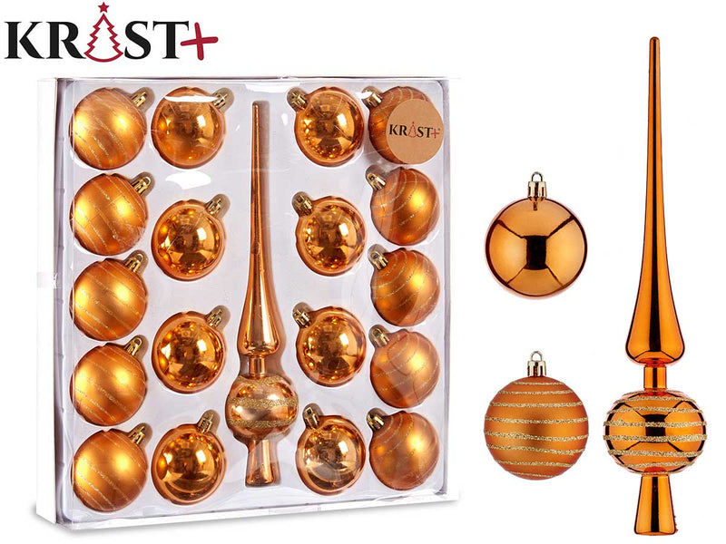 Krist Christmas Tree Set w. Top Star &amp; 16 Balls - Orange Gold