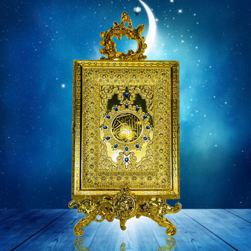 Quran box in metal with stand (Large) Gold with blue pearls